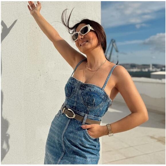 ZARA STUDDED DENIM BUSTIER DRESS - Picture 2 of 10